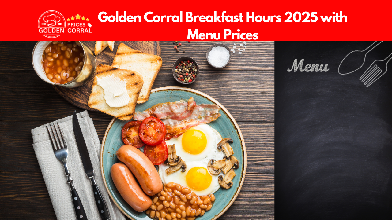 Golden Corral breakfast buffet with pancakes, eggs, and bacon.